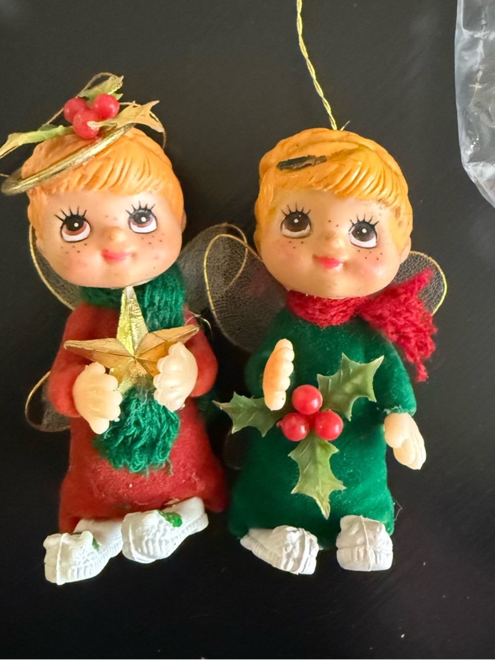 Vintage Christmas Angel Pair Ornaments in Red and Green 2”